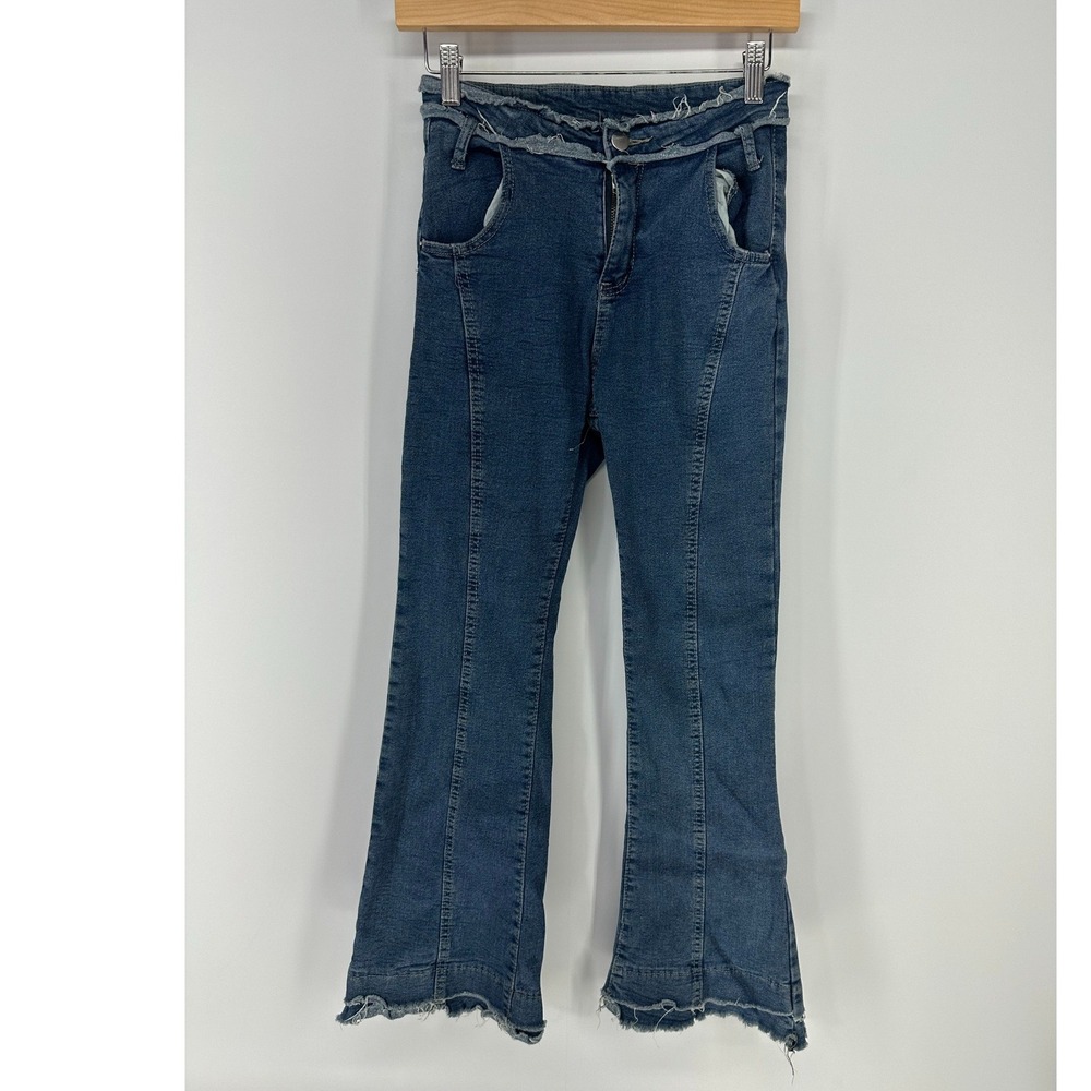 Flare Jeans Womens L Blue Deconstructed Raw Hem High Waisted Y2K Seam Boho Retro